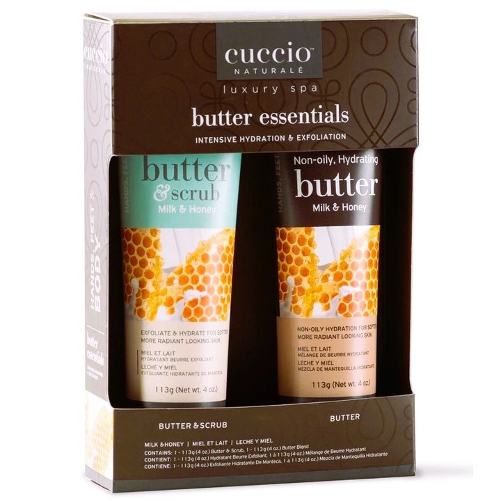 Kit Cuccio Butter Essentials, Milk & Honey – Hidratáló testradír 113 g és Hidratáló testvaj 113 g