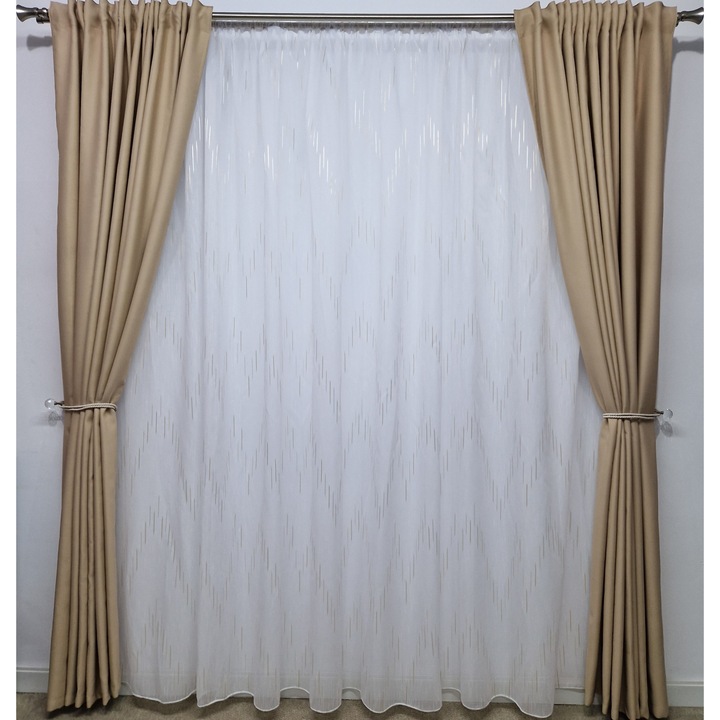 Perdea Sable Alb cu dungi bej cu rejansa, 300 x 250