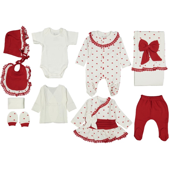 Compleu nou-nascuti fetite 10 piese, Bumbac, Inimioare, 0-3 luni, 62 cm, Alb/Rosu
