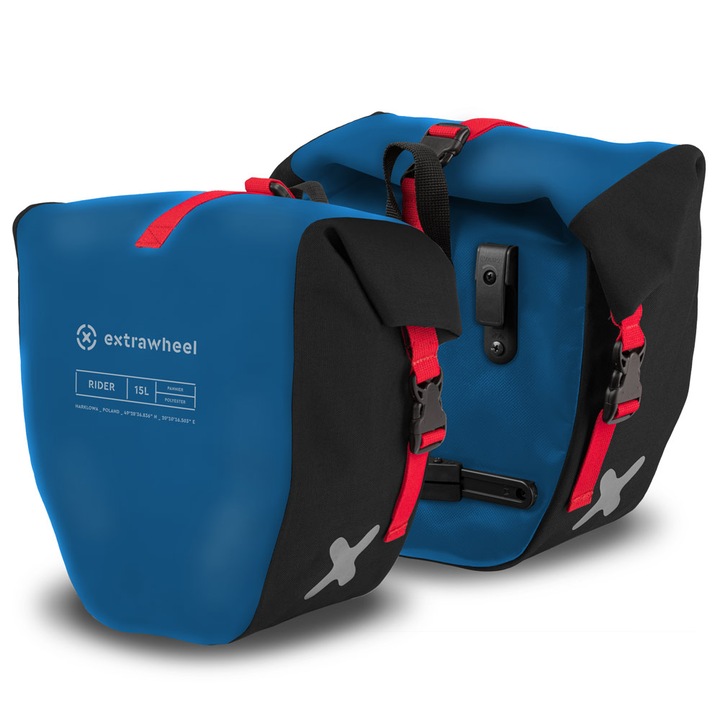 Комплект чанта за велосипед, Extrawheel, полиестер, Черен/син, 2x15l