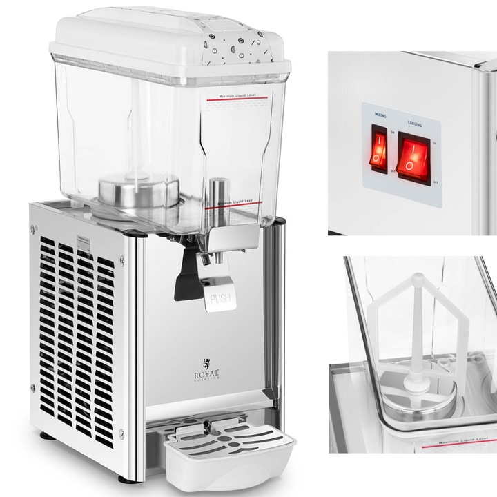Dozator de bauturi racoritoare, Royal Catering, Policarbonat, 12 L, 34 x 25 x 66 cm, 180 W, 230 V, Alb / Argintiu