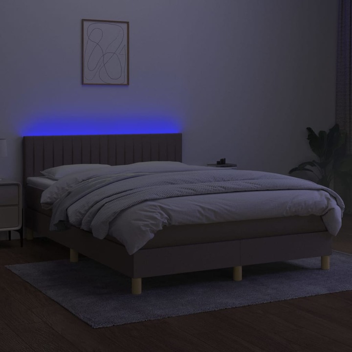 Pat cu arcuri vidaXL, saltea si LED, gri taupe, 140x190 cm, textil, 54.16 kg