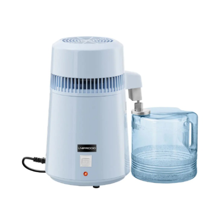 Distilator de apa, Uniprodo, Inox, Ulcior de plastic, 1 l/h, 750W, 4 l, 26 x 25 x 39 cm, Albastru deschis