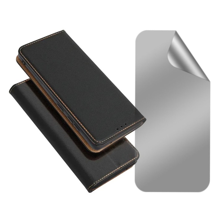 Set Folie Hydrogel Regenerabil Privacy si Husa Flip Piele Naturala pentru Xiaomi Redmi Note 11 / 11S, Premium Materials, Buzunar card, Anti-Spy, Calitate superioara, Functie de stand, Inchidere magnetica, Acoperire Display si Spatem Negru
