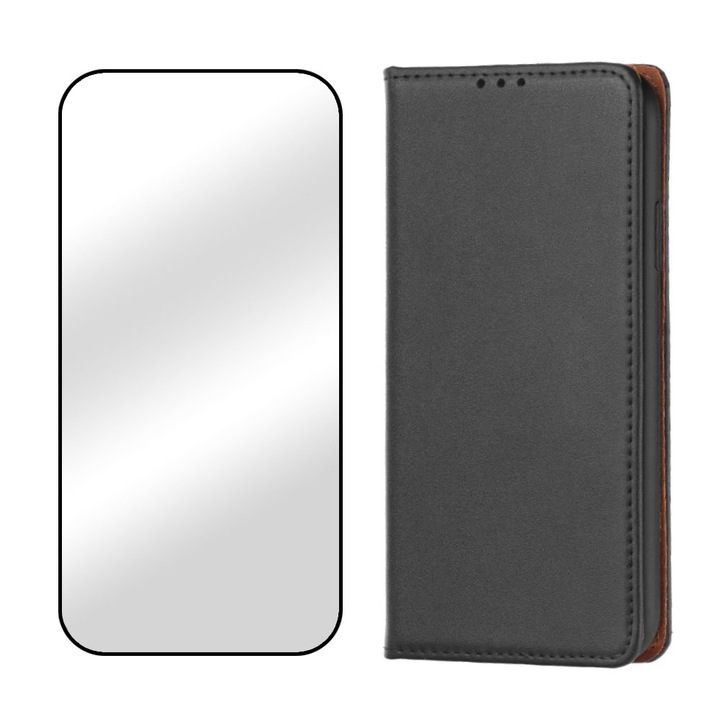 Комплект 5D стъклен протектор и флип калъф от естествена кожа за Xiaomi Redmi Note 12 Pro Plus 5G, джоб за карта, анти-шок, черни ръбове, функция на стойка, магнитно затваряне, дисплей и заден капак, черен