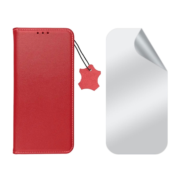 Комплект самовъзстановяващ се Clear протектор от хидрогел и флип калъф от естествена кожа, За Apple iPhone 15 Plus, джоб за карти, висока прозрачност, функция на стойка, магнитно затваряне, дисплей и заден капак, червен