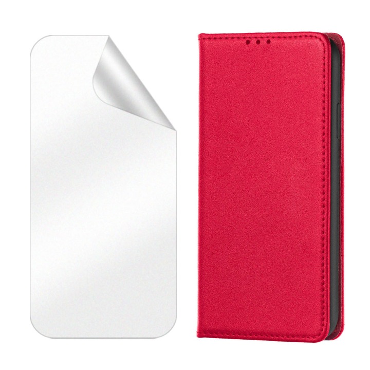 Комплект матов самовъзстановяващ се протектор от хидрогел и флип калъф от естествена кожа, За Xiaomi Redmi Note 11 / 11S, Джоб за карти, защита срещу пръстови отпечатъци, функция на стойка, магнитно затваряне, за дисплей и гръб, червен