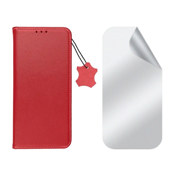 Комплект самовъзстановяващ Matte протектор от хидрогел и флип калъф от естествена кожа, За Xiaomi Redmi Note 11 Pro 5G, джоб за карти, защита срещу пръстови отпечатъци, функция на стойка, магнитно затваряне, дисплей и заден капак, червен