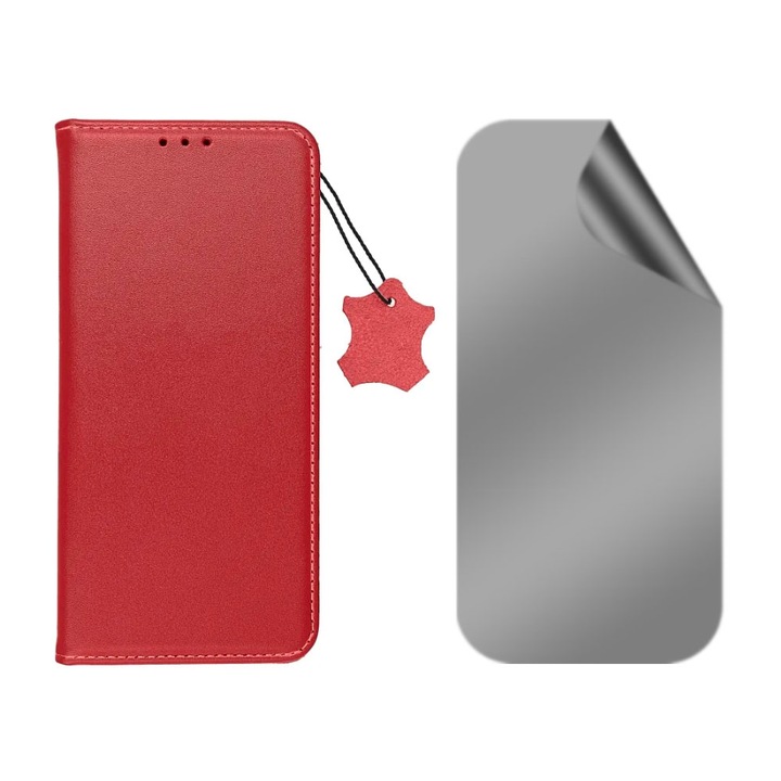 Комплект самовъзстановяващ се Privacy протектор от хидрогел и флип калъф от естествена кожа, За за Apple iPhone 15 Plus, джоб за карти, анти-шпиониране, функция на стойка, магнитно затваряне, Червен