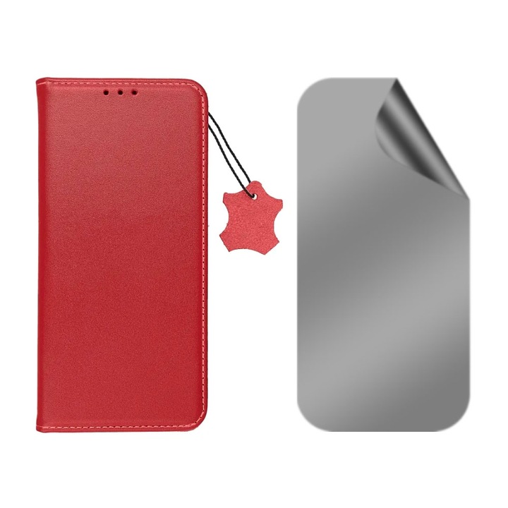 Set Folie Hydrogel Regenerabil Privacy si Husa Flip Piele Naturala pentru Xiaomi Redmi Note 12 4G, Premium Materials, Buzunar card, Anti-Spy, Calitate superioara, Functie de stand, Inchidere magnetica, Acoperire Display si Spate, Rosu