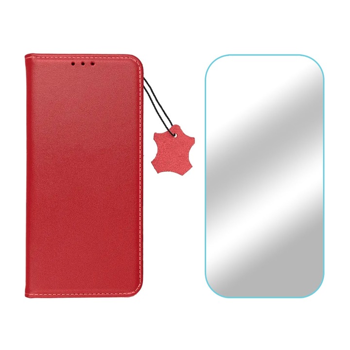 2.5D защитено стъклено фолио и капак от естествена кожа за Apple iPhone 14 Plus, първокласни материали, джоб за карти, анти-шок, превъзходно качество, функция на стойка, магнитно затваряне, дисплей и заден капак, червен