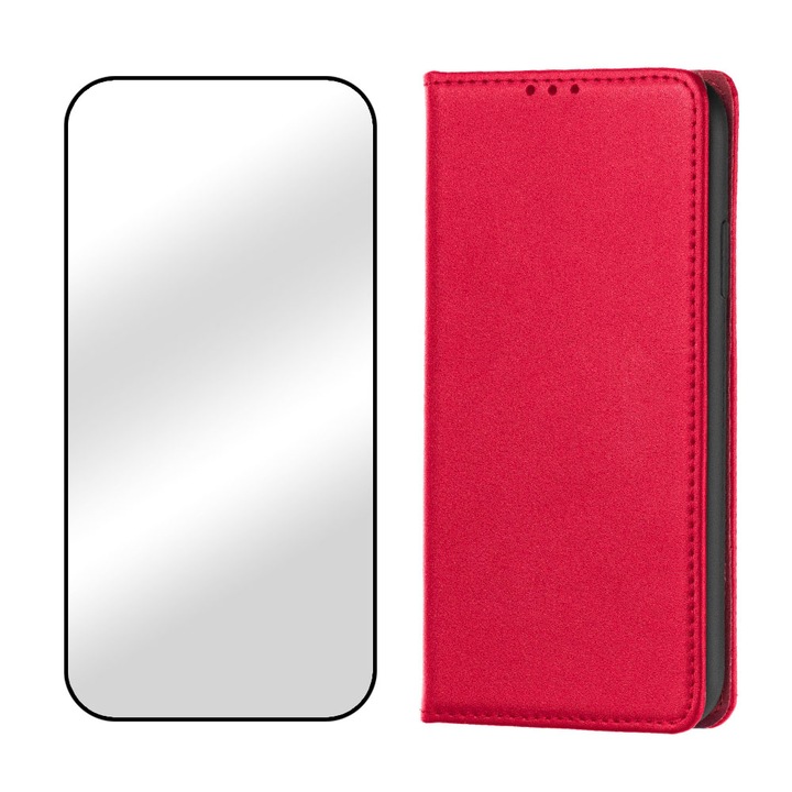 5D Secure Glass fólia és természetes bőr flip tok Xiaomi Redmi 9A / 9AT készülékhez, prémium anyagok, kártyatartó zseb, ütésálló, fekete élek, kiváló minőség, állvány funkció, mágneses záródás, kijelző és hátlap, piros