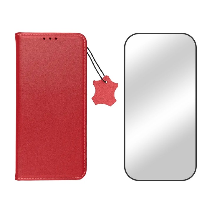 Комплект 5D защитено стъклено фолио и флип калъф от естествена кожа за Apple iPhone 14 Plus, първокласни материали, джоб за карта, анти-шок, черни ръбове, превъзходно качество, функция на стойка, магнитно затваряне, дисплей и заден капак, червен