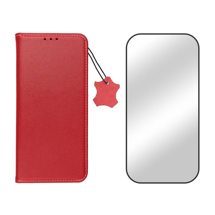 5D Secure Glass fólia és természetes bőr flip tok Xiaomi Redmi 13C-hez, prémium anyagok, kártyatartó zseb, ütésálló, fekete élek, kiváló minőség, állvány funkció, mágneses záródás, kijelző és hátlap, piros
