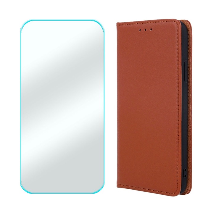 2.5D защитно стъклено фолио и комплект капаци от естествена кожа за Oppo Reno 8T, първокласни материали, джоб за карта, анти-шок, превъзходно качество, функция на стойка, магнитно затваряне, дисплей и заден капак, кафяв