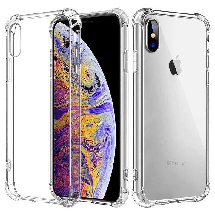 Szilikon tok iPhone X / XS-hez, Slim Anti-Shock, TPU, Tökéletes illeszkedés, Rugalmas, Tartós, Ütésálló sarkok, Teljes átlátszóság
