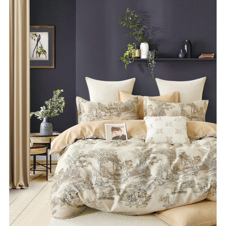 Set Lenjerie de pat dublu cu Elastic, 2 Persoane, 6 Piese, Pucioasa, Bumbac Finet, Cearceaf de pat cu elastic 180x200 cm, Cearceaf pilota cu 2 Fete 200x230 cm, 2 Huse perne 55x75 cm si 2 Huse perna 70x70 cm, Model Peisaj/Tablou, Crem/Bej, FPE-077