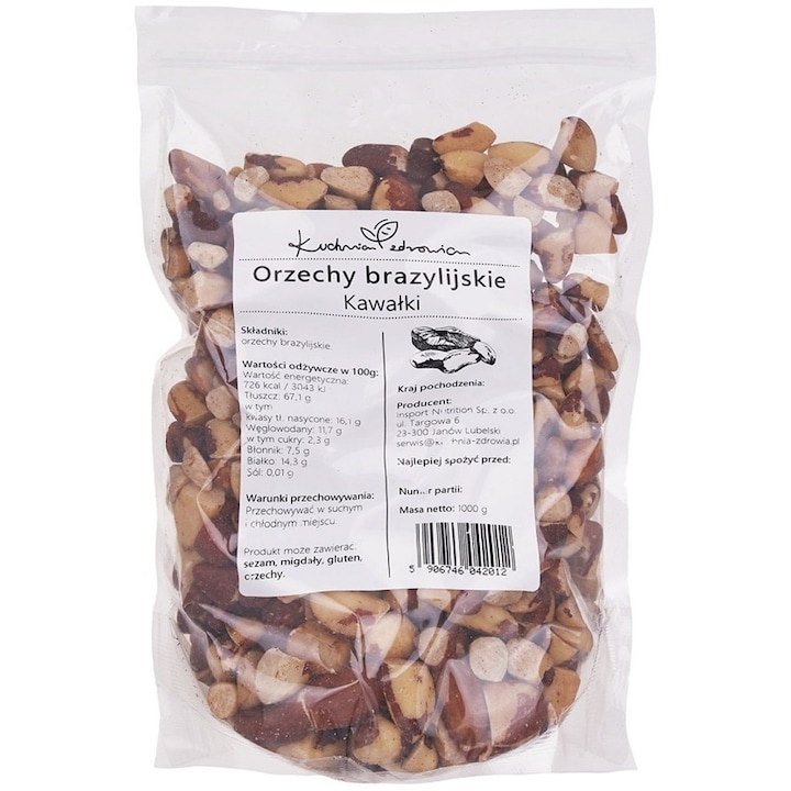 Kuchnia Zdrowia, Bucati de nuci de Brazilia, Fara sare, Natural, Vegan, Punga sigilata cu inchidere cu fermoar, 500g Doypack