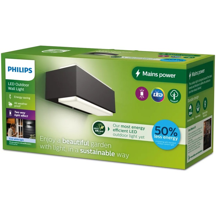 Aplica LED pentru exterior Philips Stratosphere, 3.8W, 800 lm, lumina alba rece (4000K), IP44, Aluminiu, Antracit, 20.3 cm, clasa energetica A