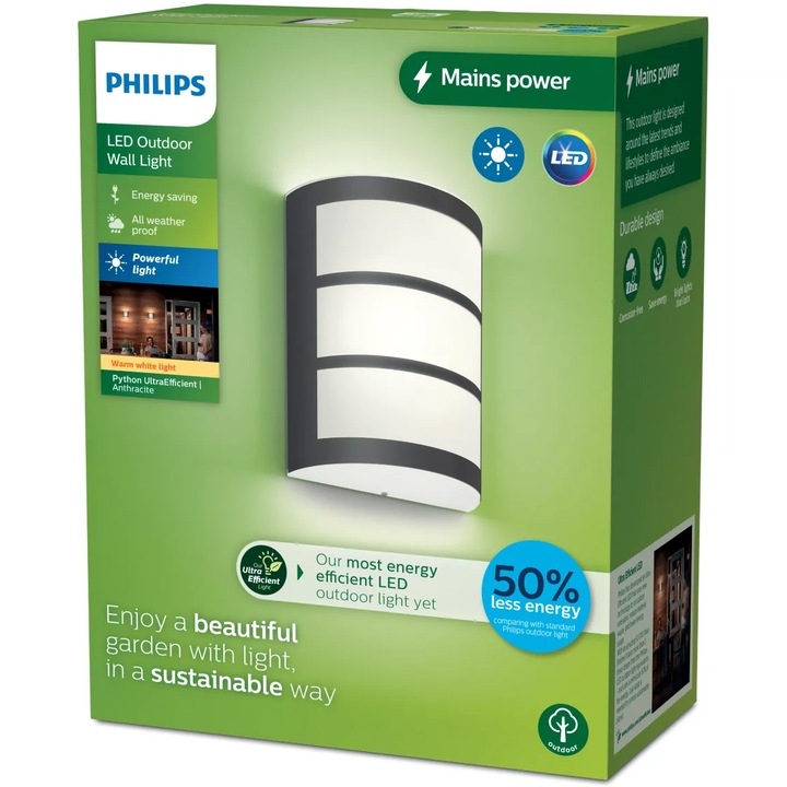 LED аплик за външна употреба Philips Python, 3.8W, 800 lm, Топла бяла светлина (2700K), IP44, Алуминий, Антрацит, 21.5 см, Енергиен клас А