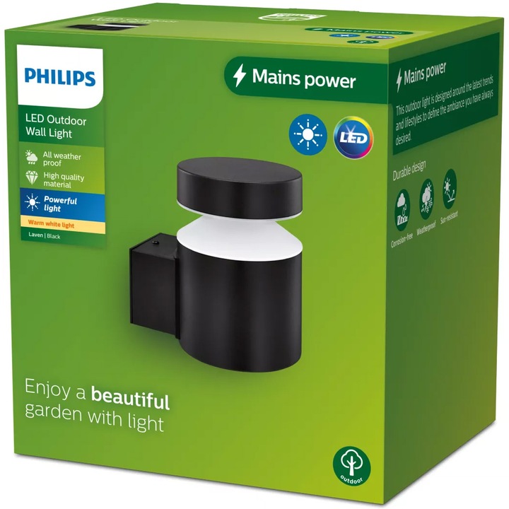 Philips Laven LED kültéri fali lámpa, 6W, 720 lm, meleg fehér fény (2700K), IP44, Rozsdamentes acél, Fekete, 14 cm, E energiaosztály