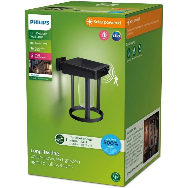 LED аплик със соларно зареждане за външна употреба Philips Camill RD, Със сензор за движение, 1,4 W, 250 lm, Бяла светлина (3000K), Прозрачен абажур, IP44, Черен, 20,5 см, Енергиен клас A
