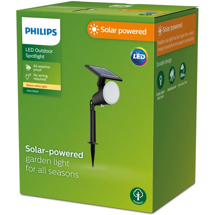 Philips Jivix napelemes lámpa, 1,4 W, 150 lm, meleg fehér fény (2700 K), IP44, 32,3 cm, fekete