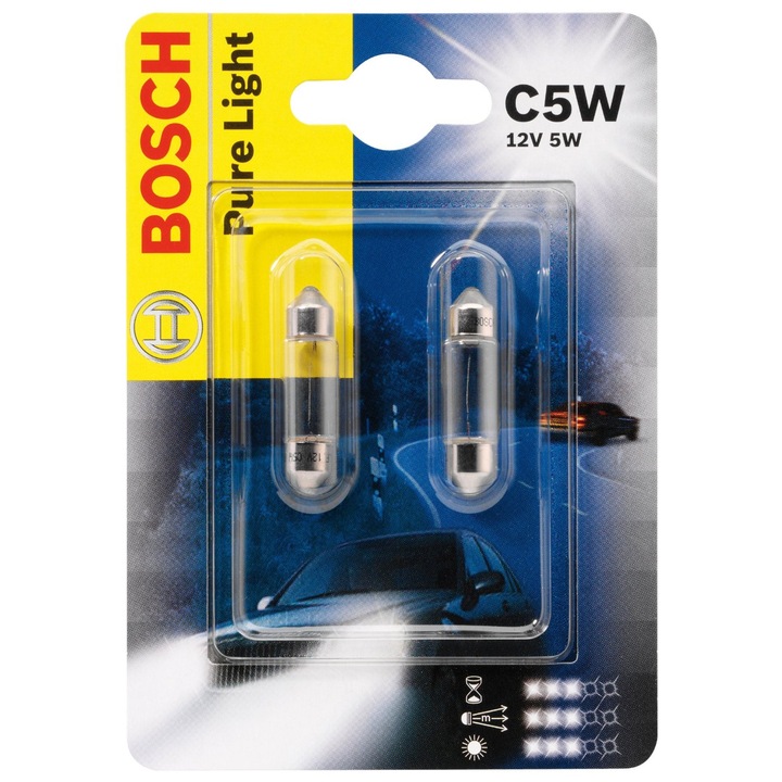 Set 2 Becuri auto auxiliare Festoon Bosch C5W Pure Light, 12V, 5W
