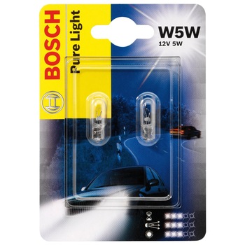 Set 2 Becuri auto auxiliare cu halogen Bosch W5W Pure Light, 12V, 5W Set 2 Becuri auto auxiliare cu halogen Bosch W5W Pure Light, 12V, 5W