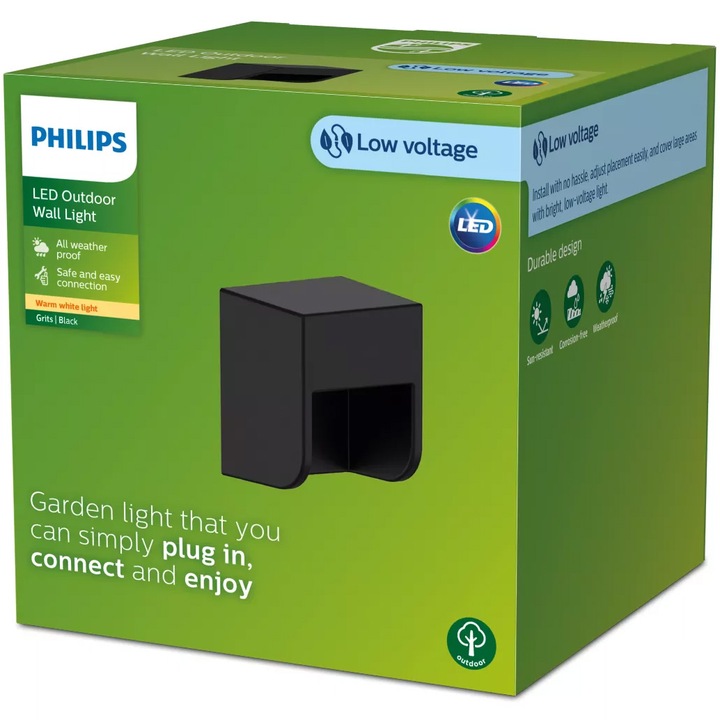 LED аплик за външна употреба Philips Grits GardenLink, Ниско напрежение 24V, 1.5W, 180 lm, Топла бяла светлина (2700K), IP44, Черен, 11 см, Енергиен клас E