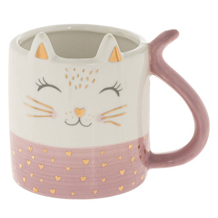 Cana ceramica cu model pisica 3D Shopiens®, maner cu coada si inimioare din folie aurie, 420 ml
