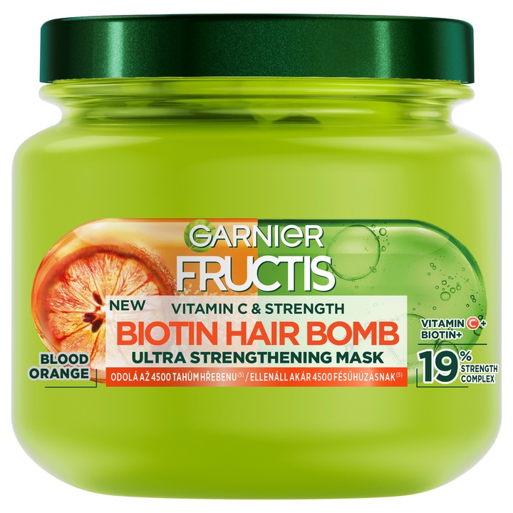 Masca de par, Garnier Fructis Vitamin & Strength Biotin Hair Bomb Extra Strengthening, 320 ml