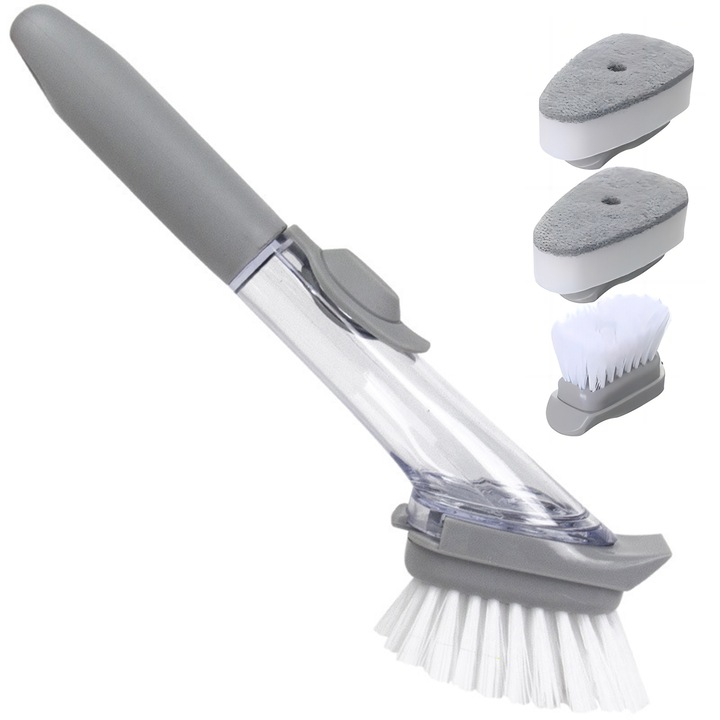 Perie de vase, NUODWELL, Cu 2 capete de perie si burete, design de distribuire automata, usor de indepartat si inlocuit, maner ergonomic, gri