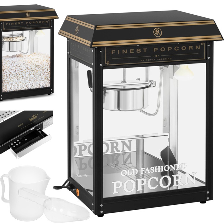 Masina de popcorn Royal Catering, retro, 1600 W, 5-6 kg/h, negru-auriu, 56x42x76cm, set complet
