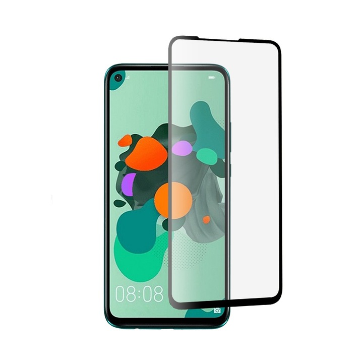 Защитно фолио, съвместимо с Huawei Nova 5T/Honor 20/Honor 20 Pro/Mate 30 Lite, Full Glue, 2.5D, защитено стъкло, черно-прозрачно