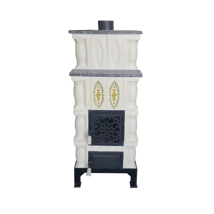 Soba teracota, Gospodarul, 4 randuri, usa sticla, trandafir galben pictat manual, alba 110 cm x 46 cm x 46 cm