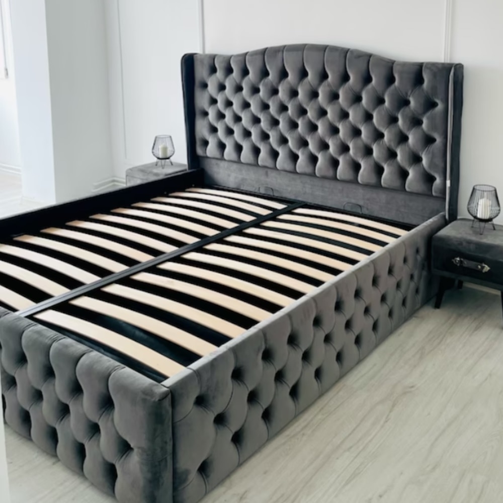 Pat tapitat Doha Luxury, Gri inchis, catifea, somiera rabatabila ...