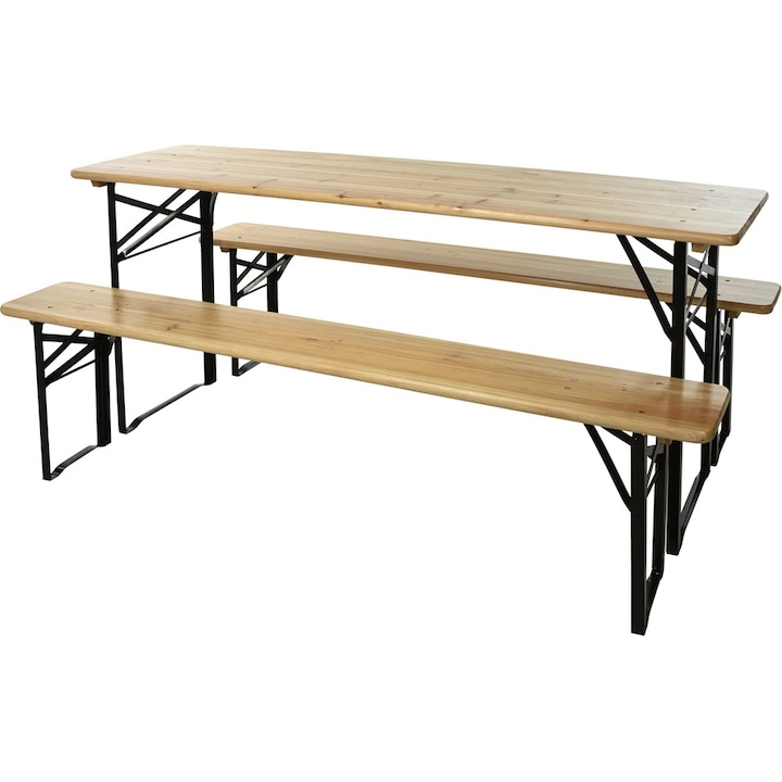 Ambiance Összecsukható szett asztallal és 2 paddal, asztal 180x50 cm, magasság 76 cm, padok 180x25 cm, magasság 46 cm, fa / fém, természetes színű.