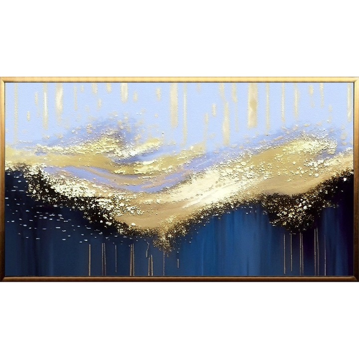 Tablou pictat manual ulei pe panza, tehnica texturata, 100x50cm, Valuri aurii, albastru, alb, auriu
