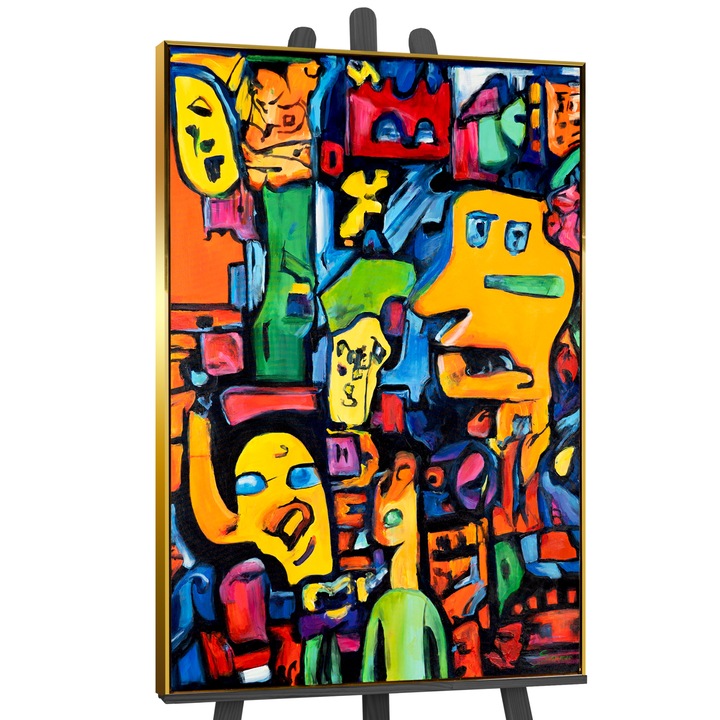 Tablou pictat manual, acrilic pe panza, Mozaic de identitate, cu rama auriu, abstract, 140x100 cm