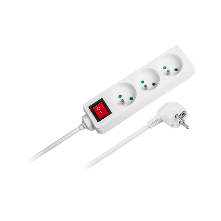 Удължител 3 гнезда, Rebel, Кабел 3 м, С ключ, Бял