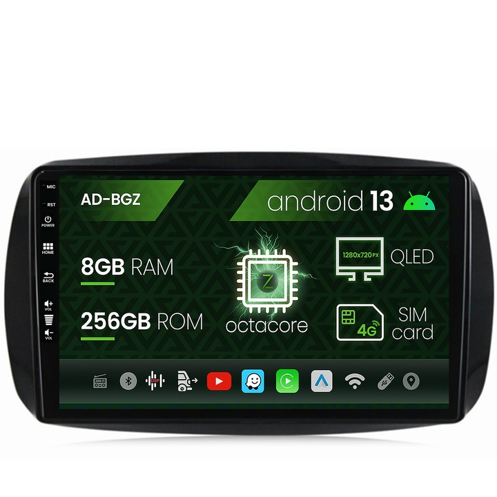 Navigatie Autodrop Smart For Two (2016-Prezent), Android 13, Z-Octacore, 8GB RAM, 256GB ROM, 9 Inch - AD-BGZ9008, AD-BGRKIT412