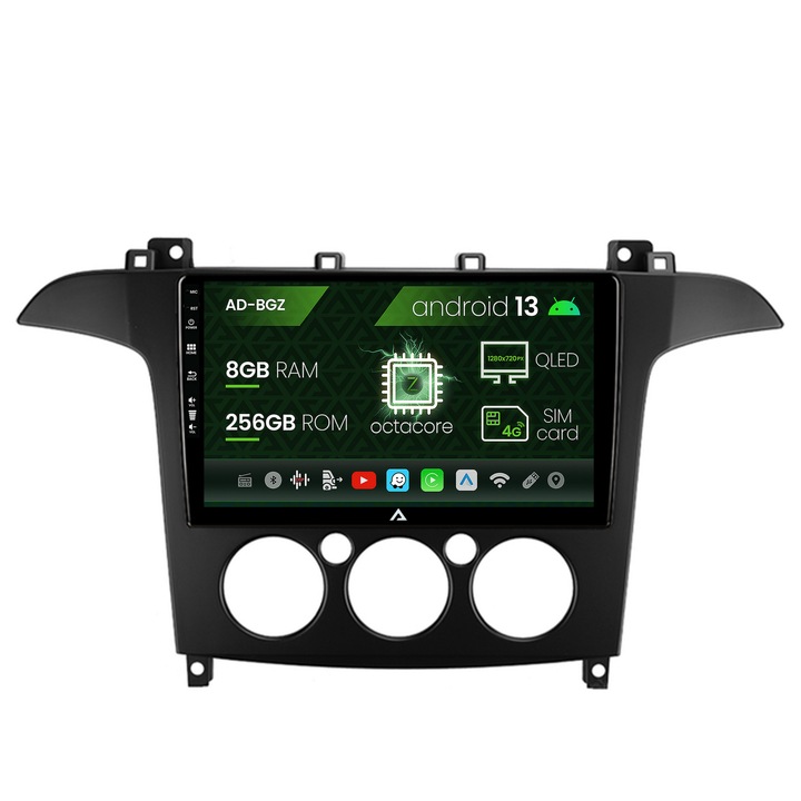 Navigációs autodrop Ford S-MAX (2006-2015) Kézi klíma, Android 13, Z-Octacore, 8GB RAM, 256GB ROM, 9 hüvelyk - AD-BGZ9008, AD-BGRKIT124