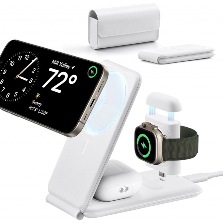 ESR - Prémium 3 az 1-ben vezeték nélküli utazási töltőkészlet (2C569A) - iPhone, MFi Apple Watch (5W), AirPod, gyorstöltés - fehér