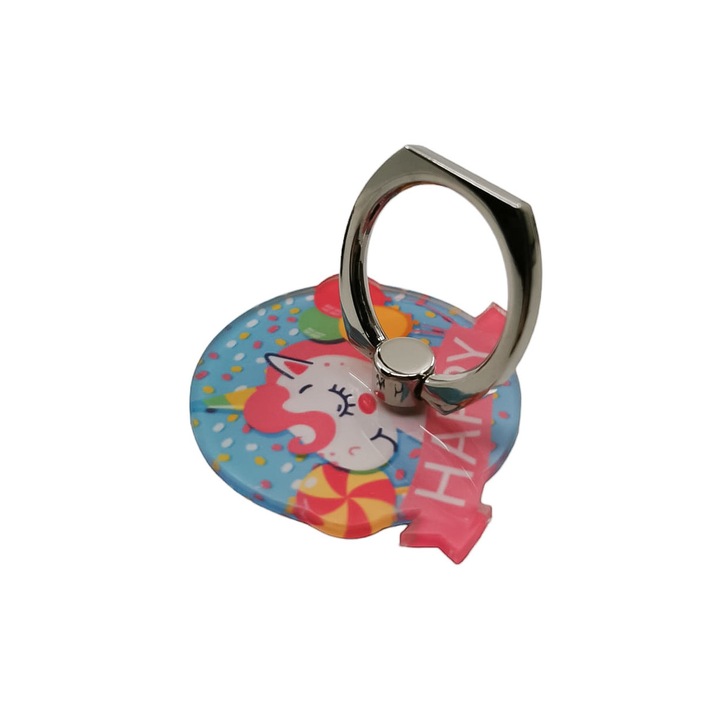 CartoonRing Doty® telefontartó gyűrű, 360 fokban elforgatható, fém, ragasztóval, unikornis party mintával, univerzális, 4 cm, többszínű