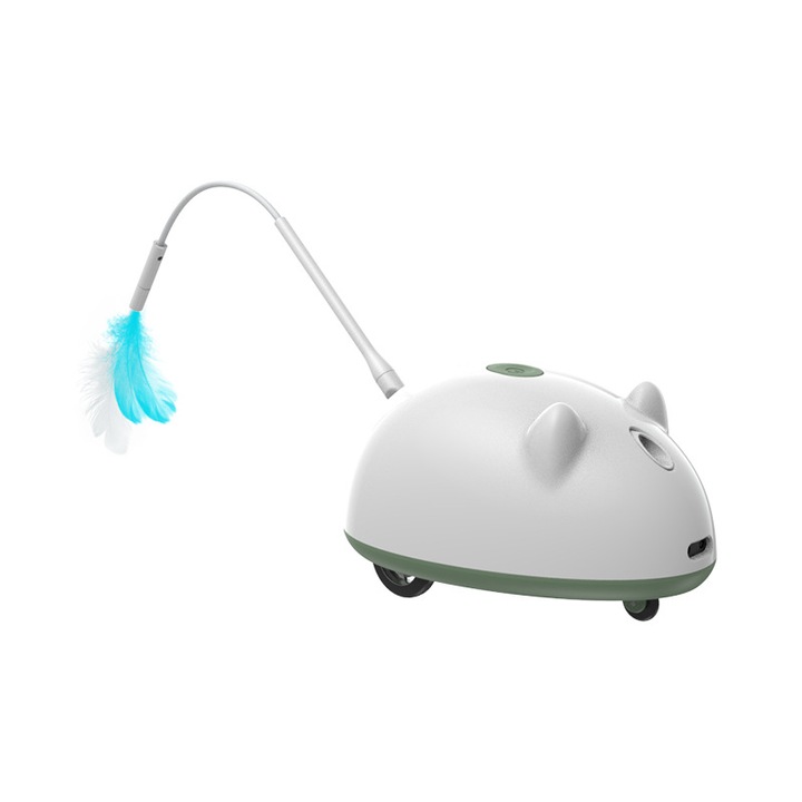 Jucarie in forma de soarece pentru pisici, interactiva 3 in1, cu lumina laser, codita puf detasabila si miscari aleatorii, senzor inteligent cu 3 viteze si 4 rute de miscare, incarcare USB, culoare alb-verde