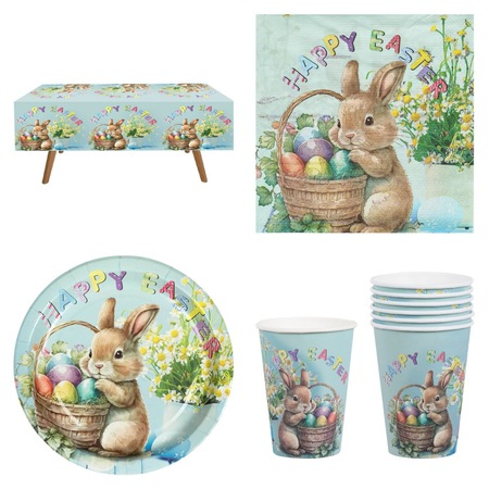Set de Masa Paste Iepurasi cu farfurii, pahare, servetele, fata de masa, 37 piese