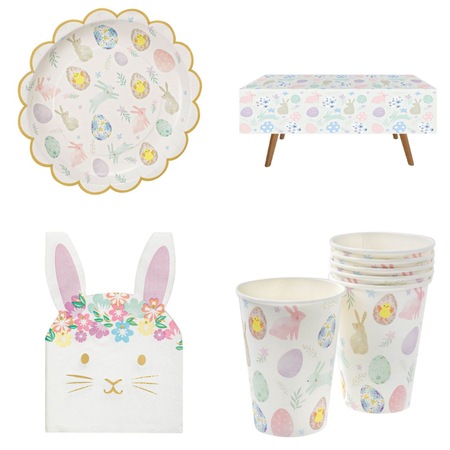 Set de Masa Paste Iepuras si Oua cu farfurii, pahare, servetelele, fata de masa 31 piese