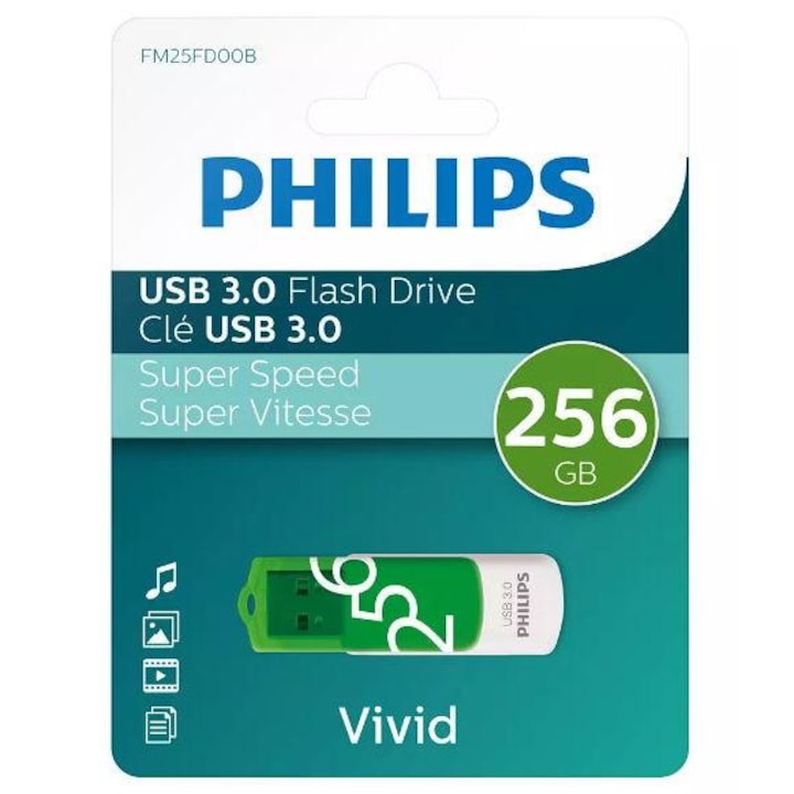 Stick USB Philips Vivid Edition, 256GB, USB 3.0 Verde/Alb