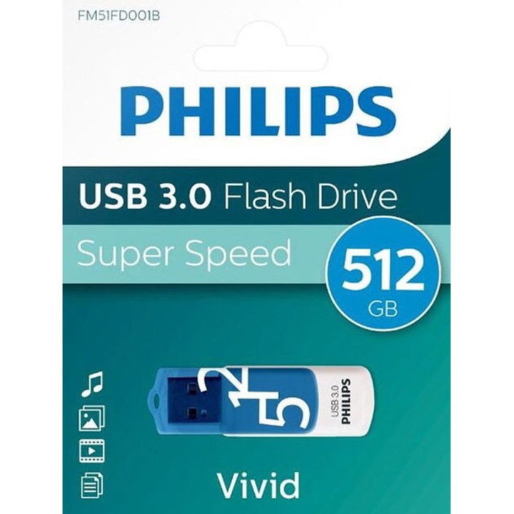 Stick USB Philips Vivid Edition, 512GB, USB 3.0 Albastru/Alb